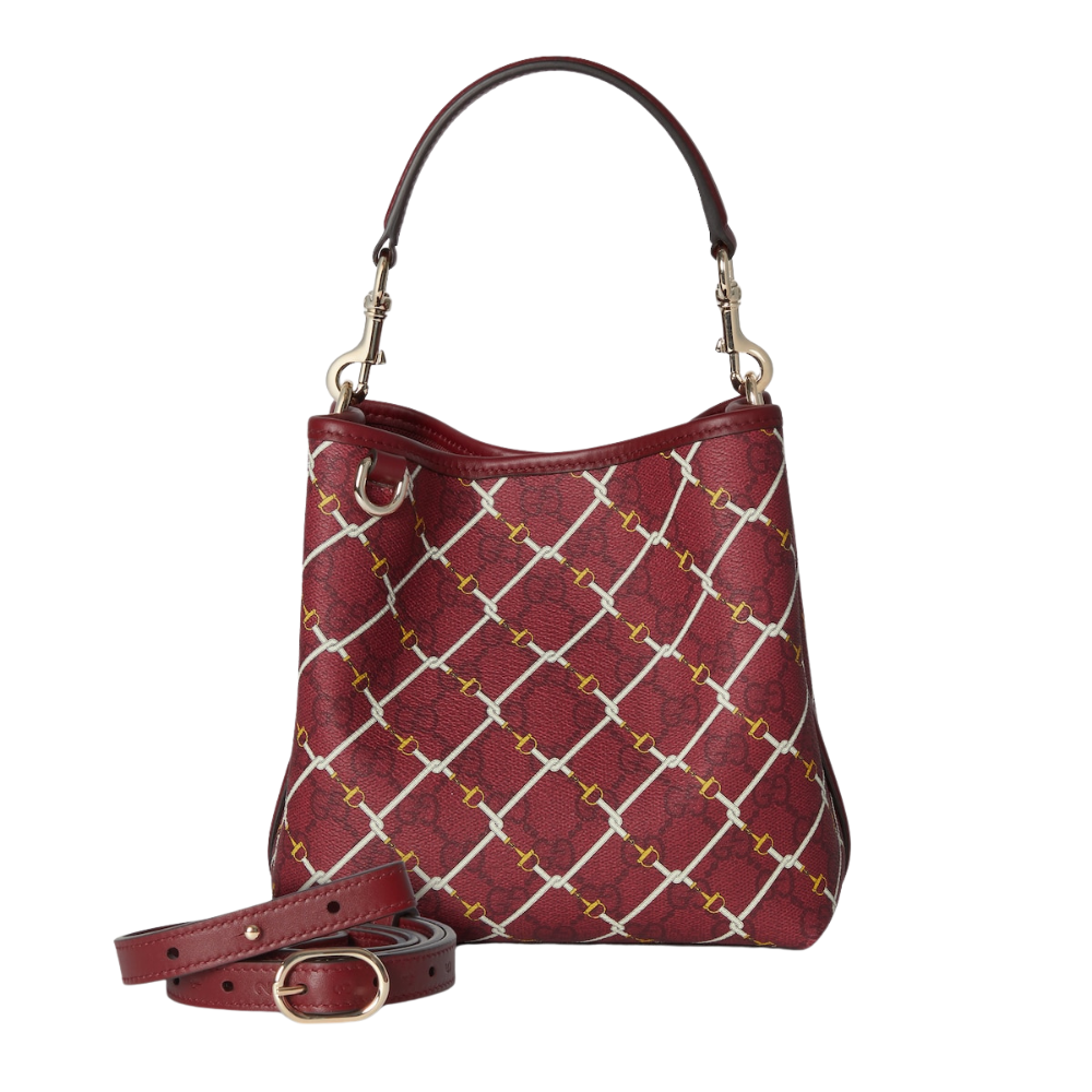 Gucci Emblem Small Bucket Bag - Red in Red - detail view 9 showing the bag's shape, material finish and visible design details.