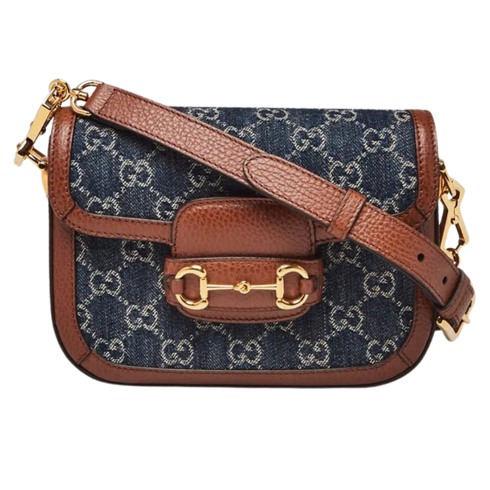 Gucci Blue GG Denim Horsebit 1955 Mini Crossbody Bag - Blue in Blue - detail view 9 showing the bag's shape, finish and visible design details.