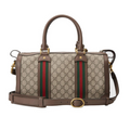 Gucci Canvas Leather Travel Duffle Bag - Beige in Beige - front view showing the bag's shape, finish and visible design details.