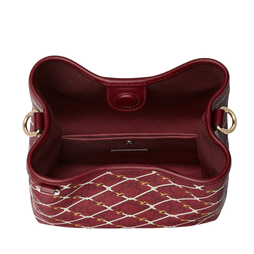 Gucci Emblem Small Bucket Bag - Red in Red - detail view 12 showing the bag's shape, material finish and visible design details.