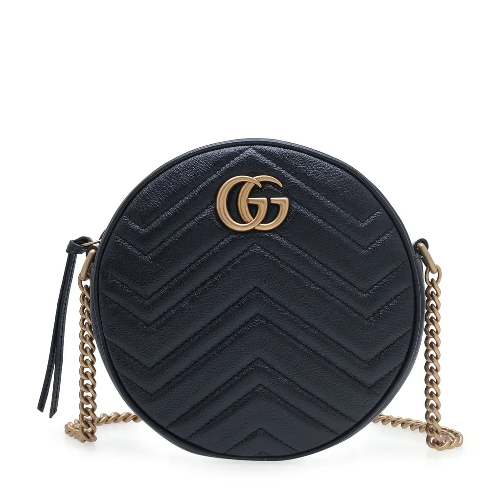 Gucci Azalea Marmont Round Mini Shoulder Bag - Black in Black - front view showing the bag's shape, finish and visible design details.