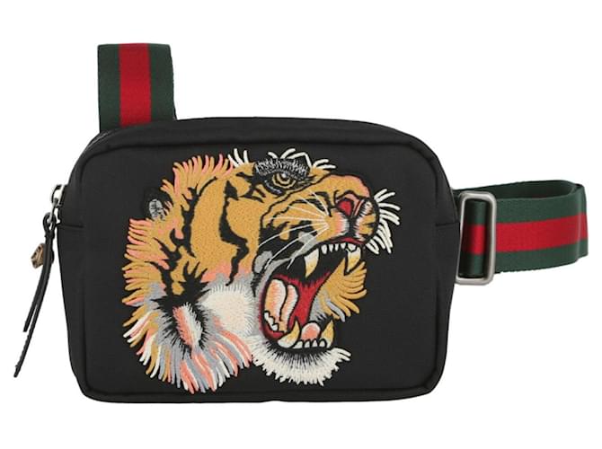 Gucci Black Tiger Nylon Messenger Bag - Black in Black - side view showing the bag's shape, finish and visible design details.