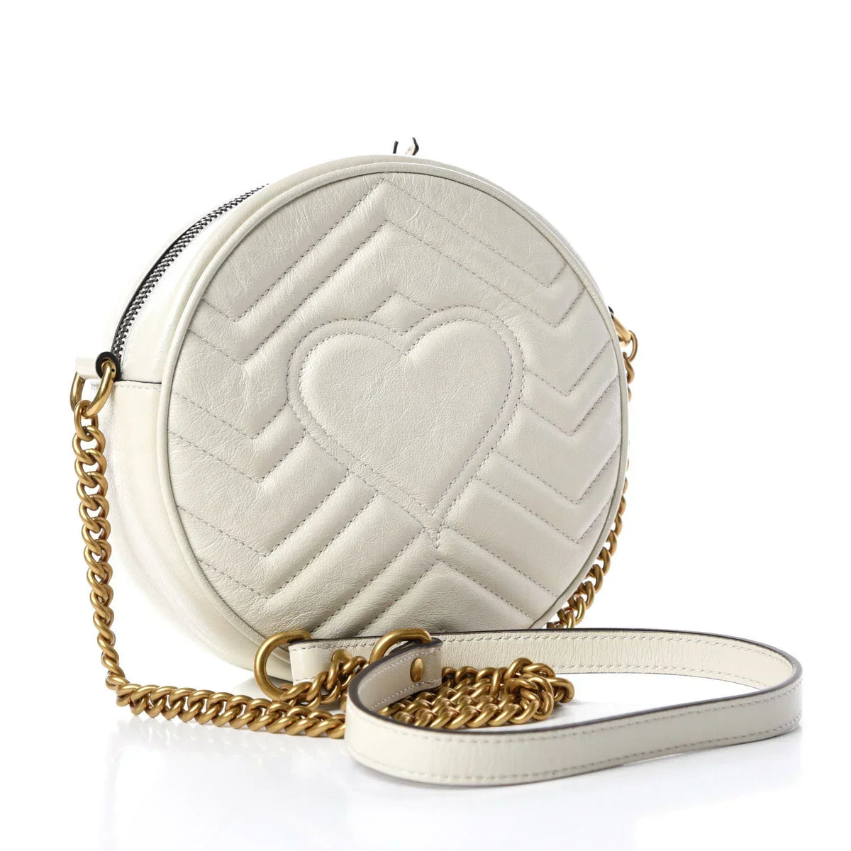 Gucci Azalea Marmont Round Mini Shoulder Bag - White in White - side view showing the bag's shape, finish and visible design details.