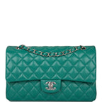 Chanel Shiny Green Quilted Caviar Medium Classic Double Flap Bag Silver Hardware