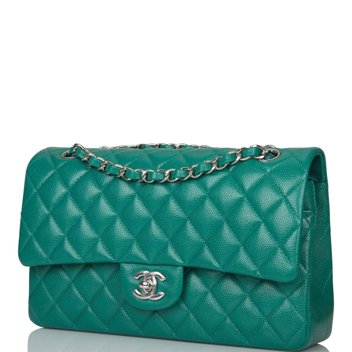 Chanel Shiny Green Quilted Caviar Medium Classic Double Flap Bag Silver Hardware