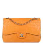 Chanel Orange Alligator Jumbo Classic Double Flap Bag Silver Hardware