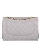 Chanel Light Grey Quilted Caviar Jumbo Classic Double Flap Bag Light Gold Hardware