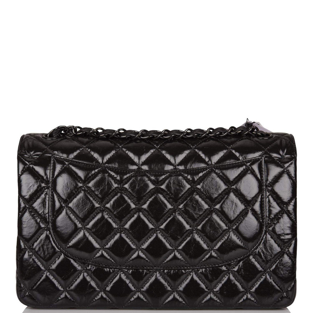 Chanel SO Black Shiny Crumpled Calfskin Jumbo Classic Double Flap Bag Black Hardware