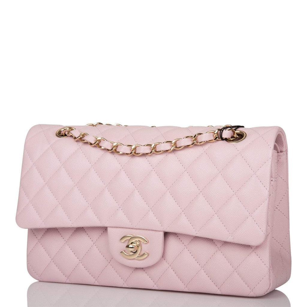 Chanel Rose Clair Quilted Caviar Medium Classic Double Flap Bag Light Gold Hardware