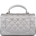 Chanel Silver Metallic Quilted Caviar Rectangular Mini Flap Bag with Top Handle Silver Hardware