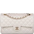 Chanel White Iridescent Quilted Lambskin Medium Classic Double Flap Bag Light Gold Hardware