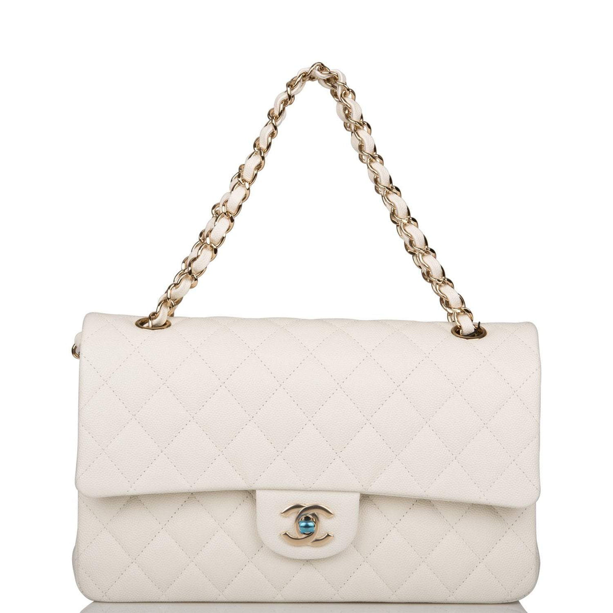 Chanel White Quilted Caviar Medium Classic Double Flap Bag Light Gold Hardware