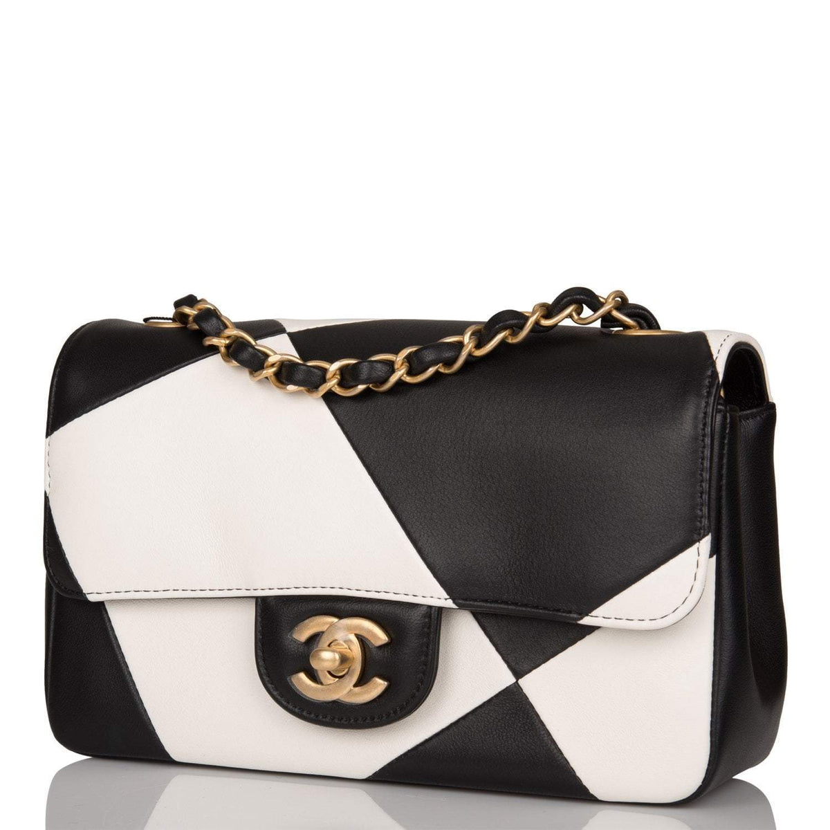 Chanel White and Black Geometric Lambskin Rectangular Mini Classic Flap Bag Antique Gold Hardware