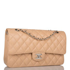 Chanel Medium Classic Double Flap Bag Beige Quilted Caviar Silver Hardware