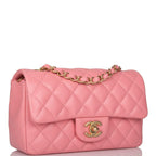 Chanel Pink Quilted Lambskin Rectangular Mini Classic Flap Bag Antique Gold Hardware