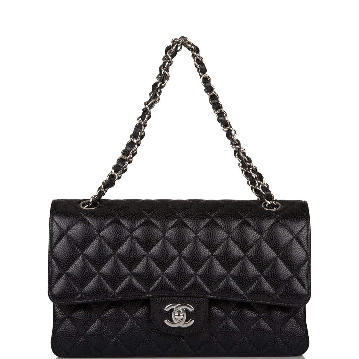 Chanel Medium Classic Double Flap Bag Black Quilted Caviar Silver Hardware