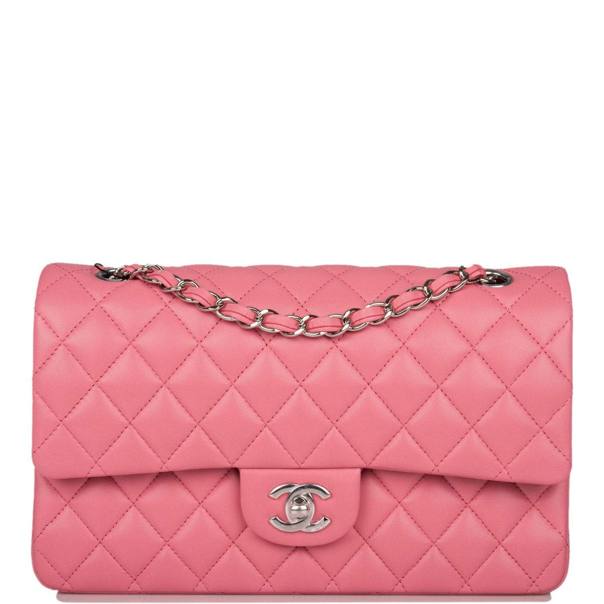 Chanel Medium Classic Double Flap Bag Rose Quilted Lambskin Silver Hardware