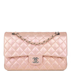 Chanel Medium Classic Double Flap Bag Pink Iridescent Lambskin Silver Hardware