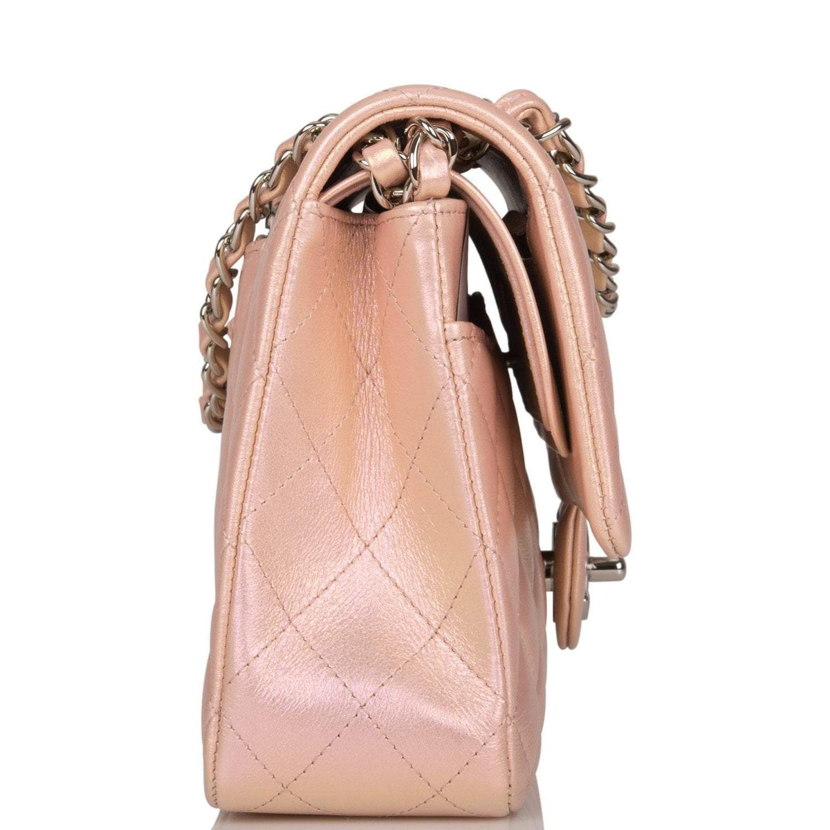 Chanel Medium Classic Double Flap Bag Pink Iridescent Lambskin Silver Hardware