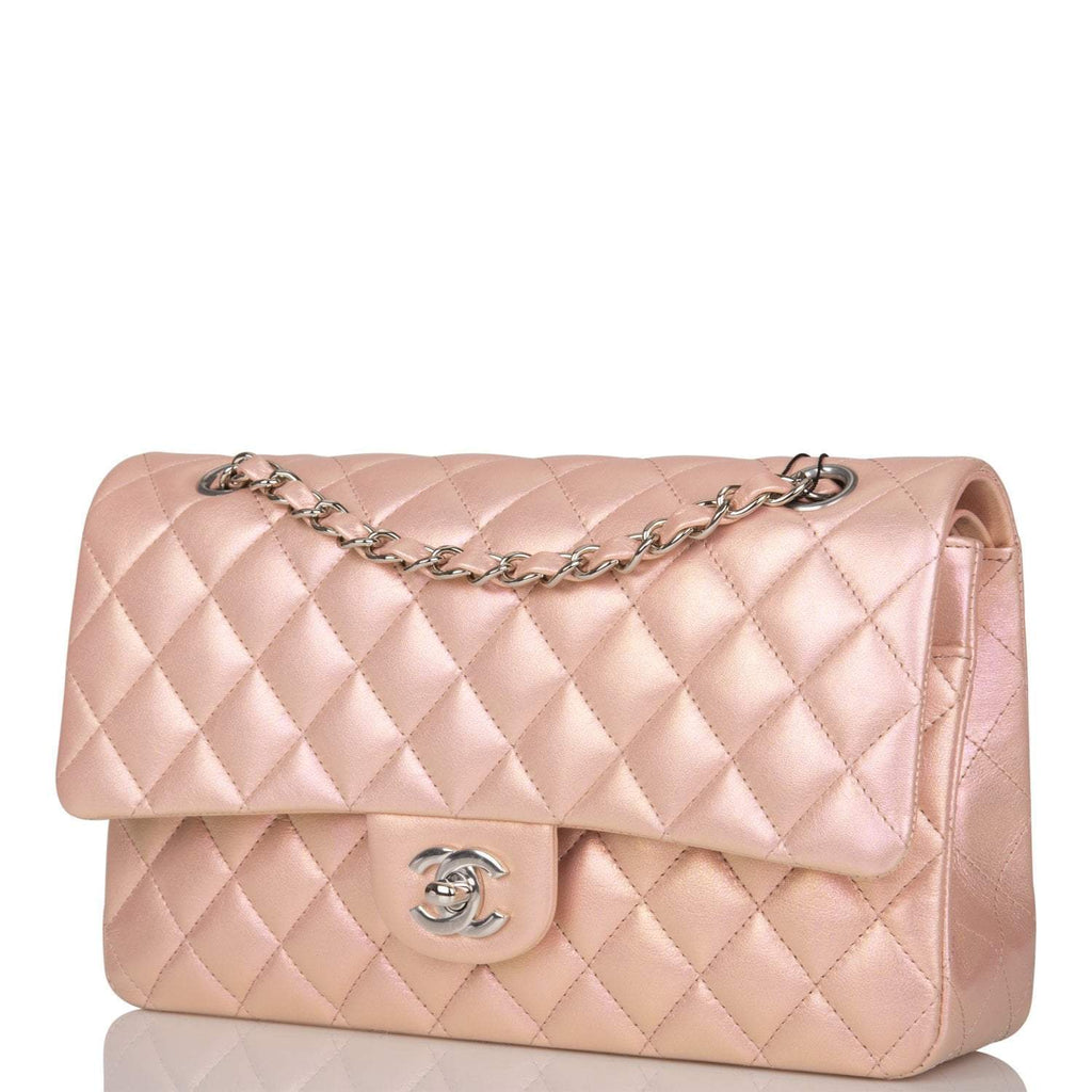 Chanel Medium Classic Double Flap Bag Pink Iridescent Lambskin Silver Hardware