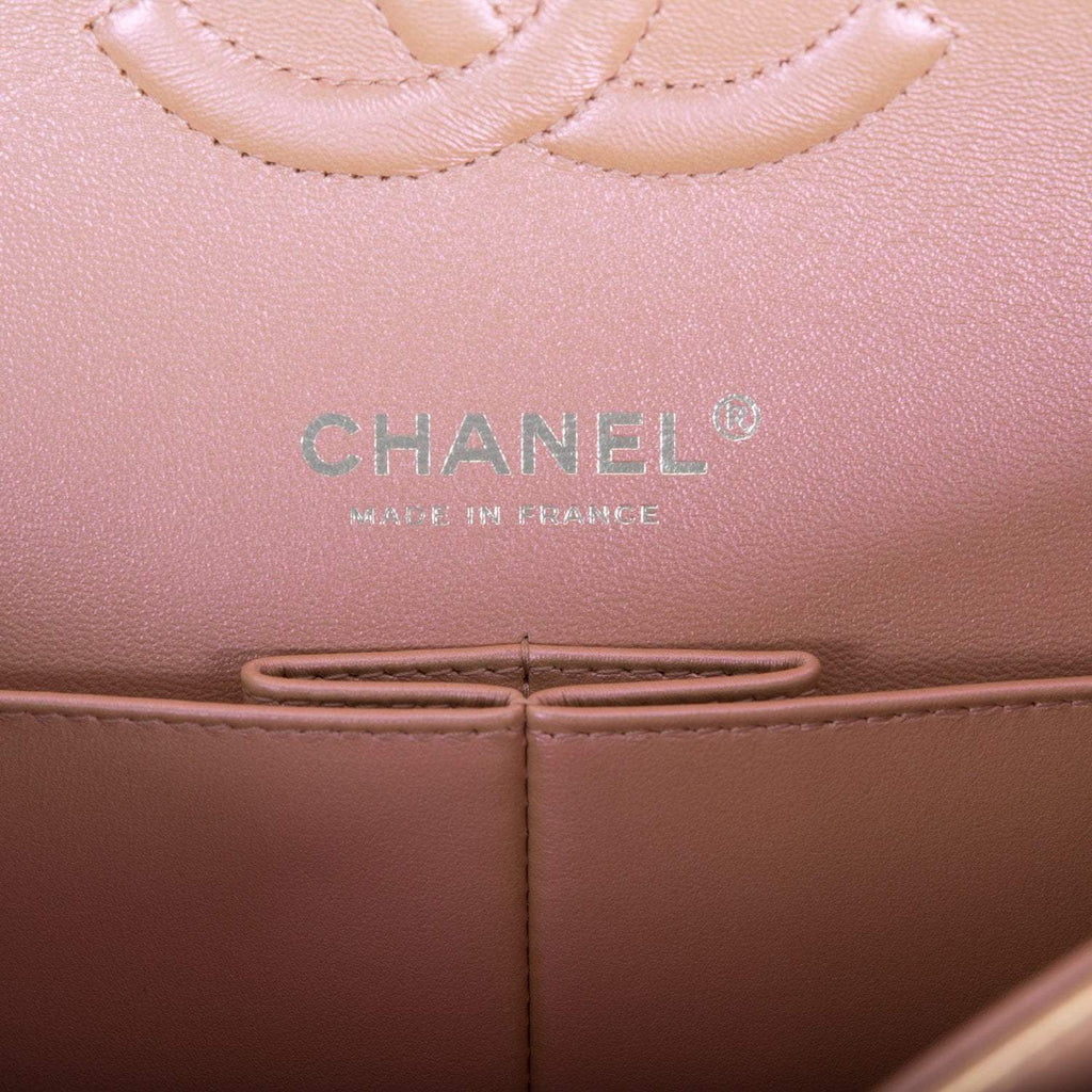 Chanel Medium Classic Double Flap Bag Pink Iridescent Lambskin Silver Hardware