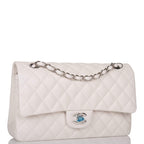 Chanel White Quilted Caviar Medium Classic Double Flap Bag Silver Hardware
