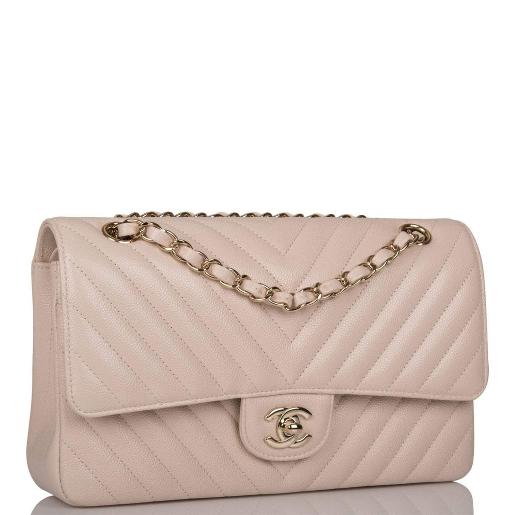 Chanel Shiny Beige Chevron Caviar Medium Classic Double Flap Bag Light Gold Hardware