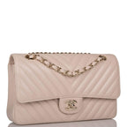 Chanel Shiny Beige Chevron Caviar Medium Classic Double Flap Bag Light Gold Hardware