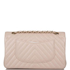 Chanel Shiny Beige Chevron Caviar Medium Classic Double Flap Bag Light Gold Hardware