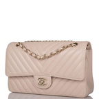 Chanel Shiny Beige Chevron Caviar Medium Classic Double Flap Bag Light Gold Hardware