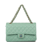 Chanel Light Green Quilted Lambskin Medium Classic Double Flap Bag Light Gold Hardware
