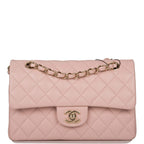 Chanel Rose Clair Quilted Caviar Small Classic Double Flap Bag Light Gold Hardware