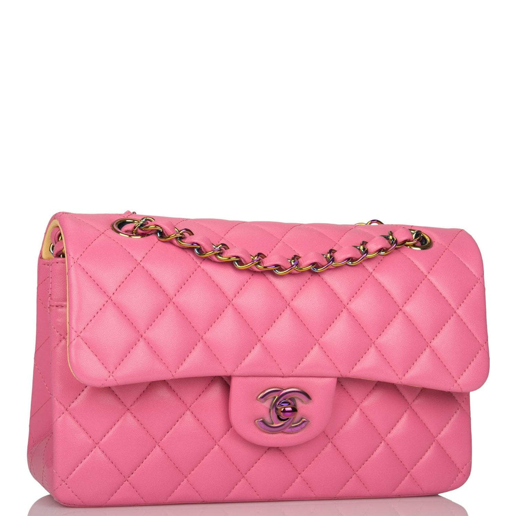 Chanel Pink Quilted Lambskin Small Classic Double Flap Bag Rainbow Hardware