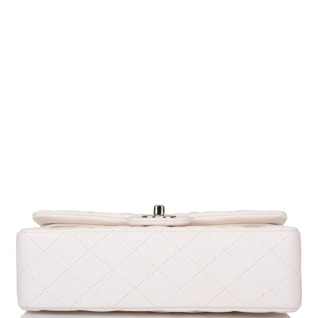 Chanel White Quilted Caviar Small Classic Double Flap Bag Light Gold Hardware