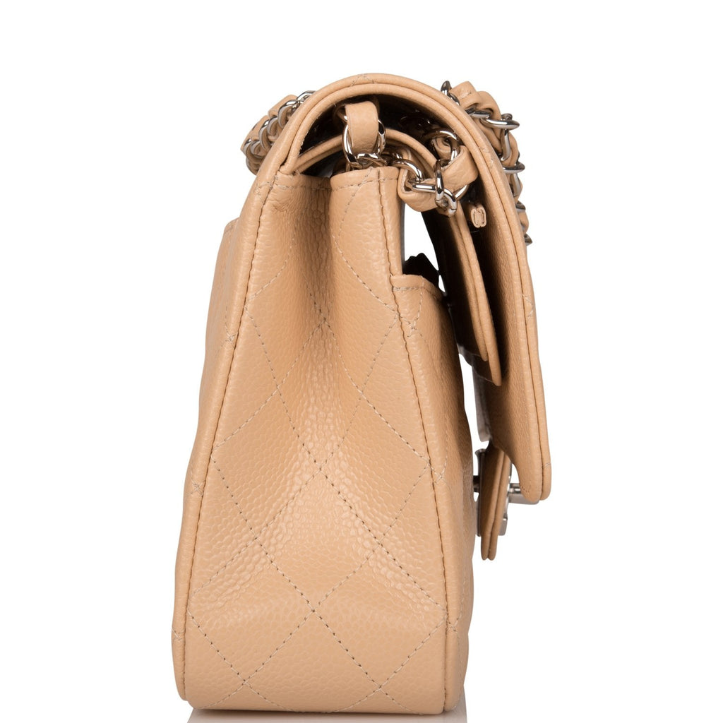 Chanel Beige Quilted Caviar Medium Classic Double Flap Bag Silver Hardware