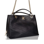Chanel Black Calfskin Chevron Chic Tote Bag Light Gold Hardware