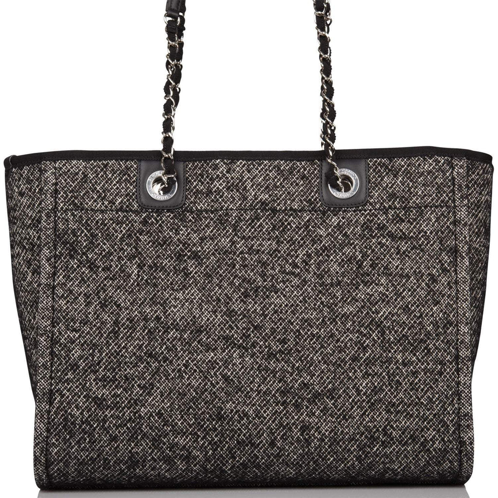 Chanel Small Deauville Shopping Bag Black Wool Silver Hardware