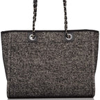 Chanel Small Deauville Shopping Bag Black Wool Silver Hardware