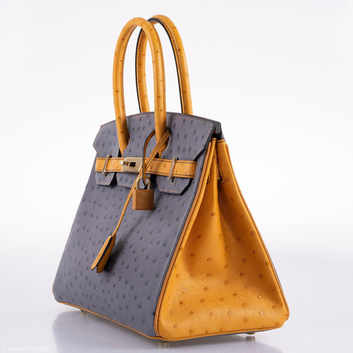 Hermes Birkin 30 HSS Gris Agate & Saffron Ostrich Gold Hardware - 2020, Y - hardware detail