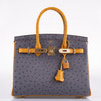 Hermes Birkin 30 HSS Gris Agate & Saffron Ostrich Gold Hardware - 2020, Y - hardware detail