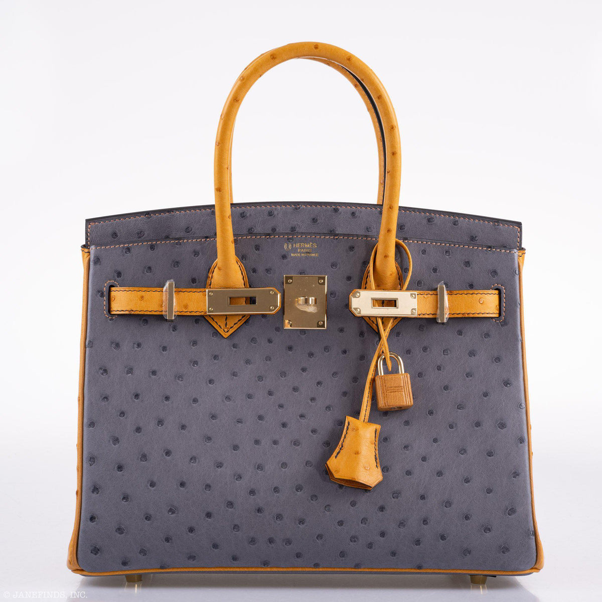 Hermes Birkin 30 HSS Gris Agate & Saffron Ostrich Gold Hardware - 2020, Y - hardware detail