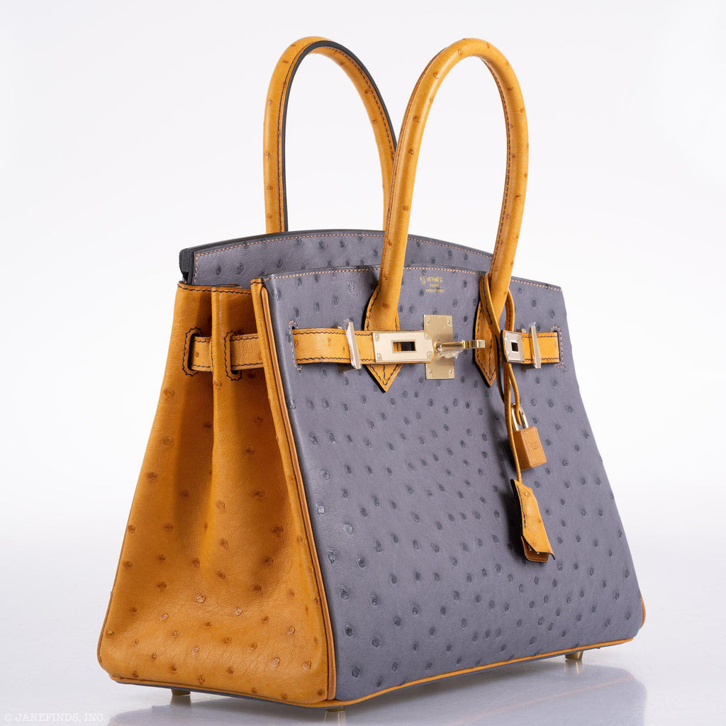 Hermes Birkin 30 HSS Gris Agate & Saffron Ostrich Gold Hardware - 2020, Y - hardware detail