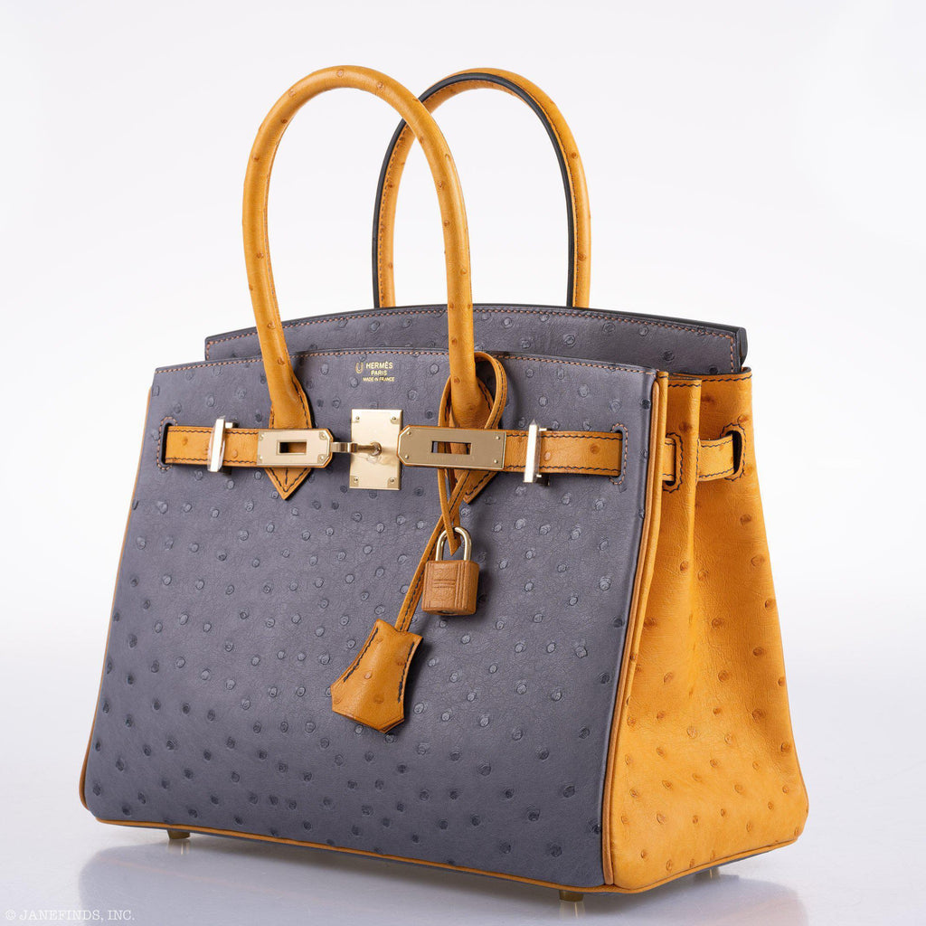 Hermes Birkin 30 HSS Gris Agate & Saffron Ostrich Gold Hardware - 2020, Y - hardware detail