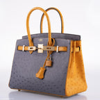 Hermes Birkin 30 HSS Gris Agate & Saffron Ostrich Gold Hardware - 2020, Y - hardware detail