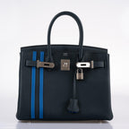 Hermes Birkin 30 Officier Vert Cyprès Togo & Bleu Zellige Stripe & Lining Palladium Hardware - 2018, C - interior detail