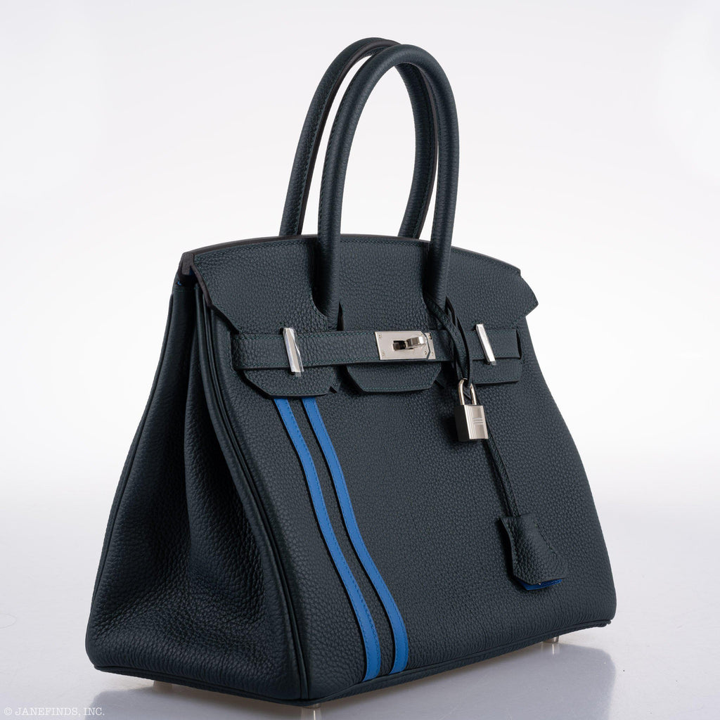 Hermes Birkin 30 Officier Vert Cyprès Togo & Bleu Zellige Stripe & Lining Palladium Hardware - 2018, C - interior detail