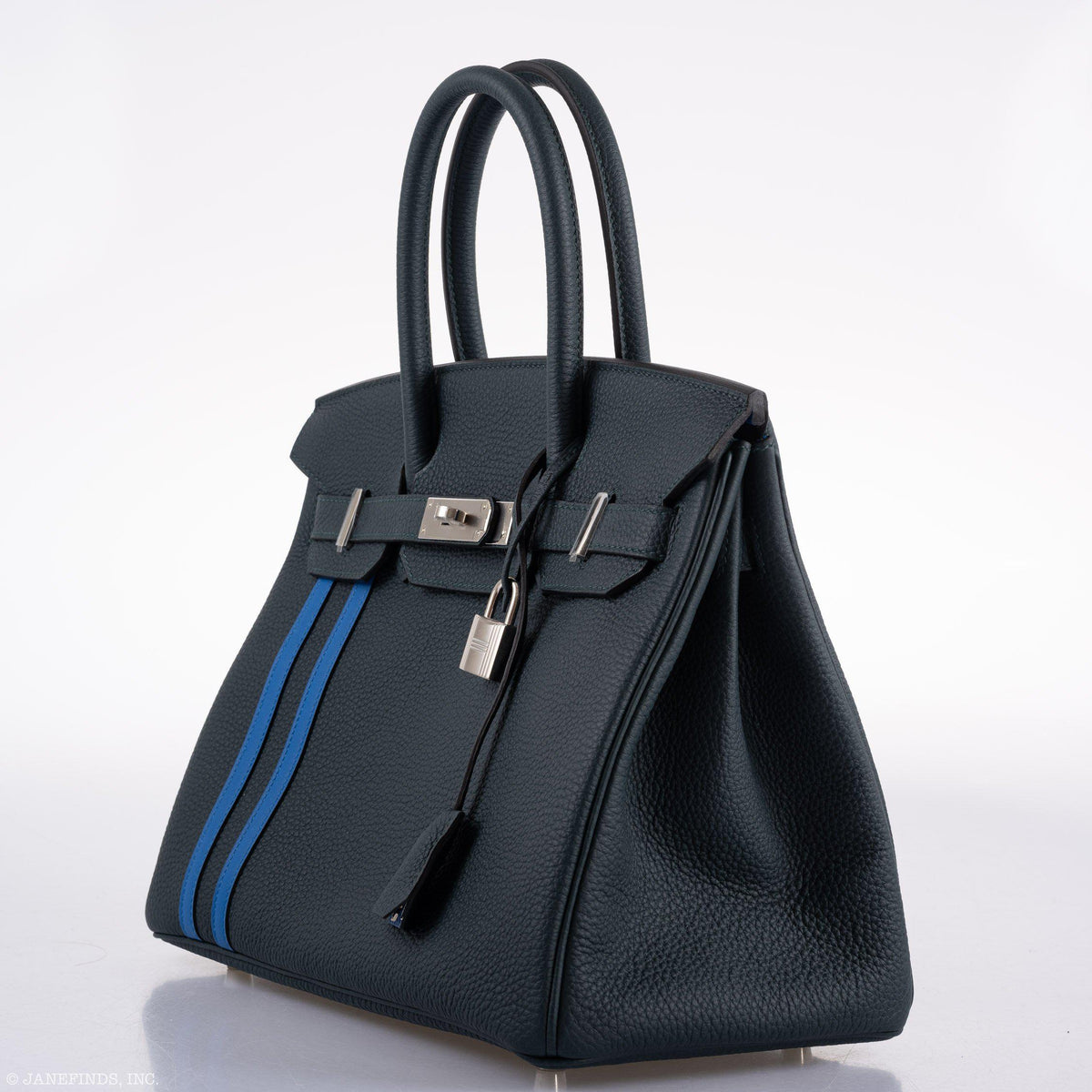 Hermes Birkin 30 Officier Vert Cyprès Togo & Bleu Zellige Stripe & Lining Palladium Hardware - 2018, C - interior detail