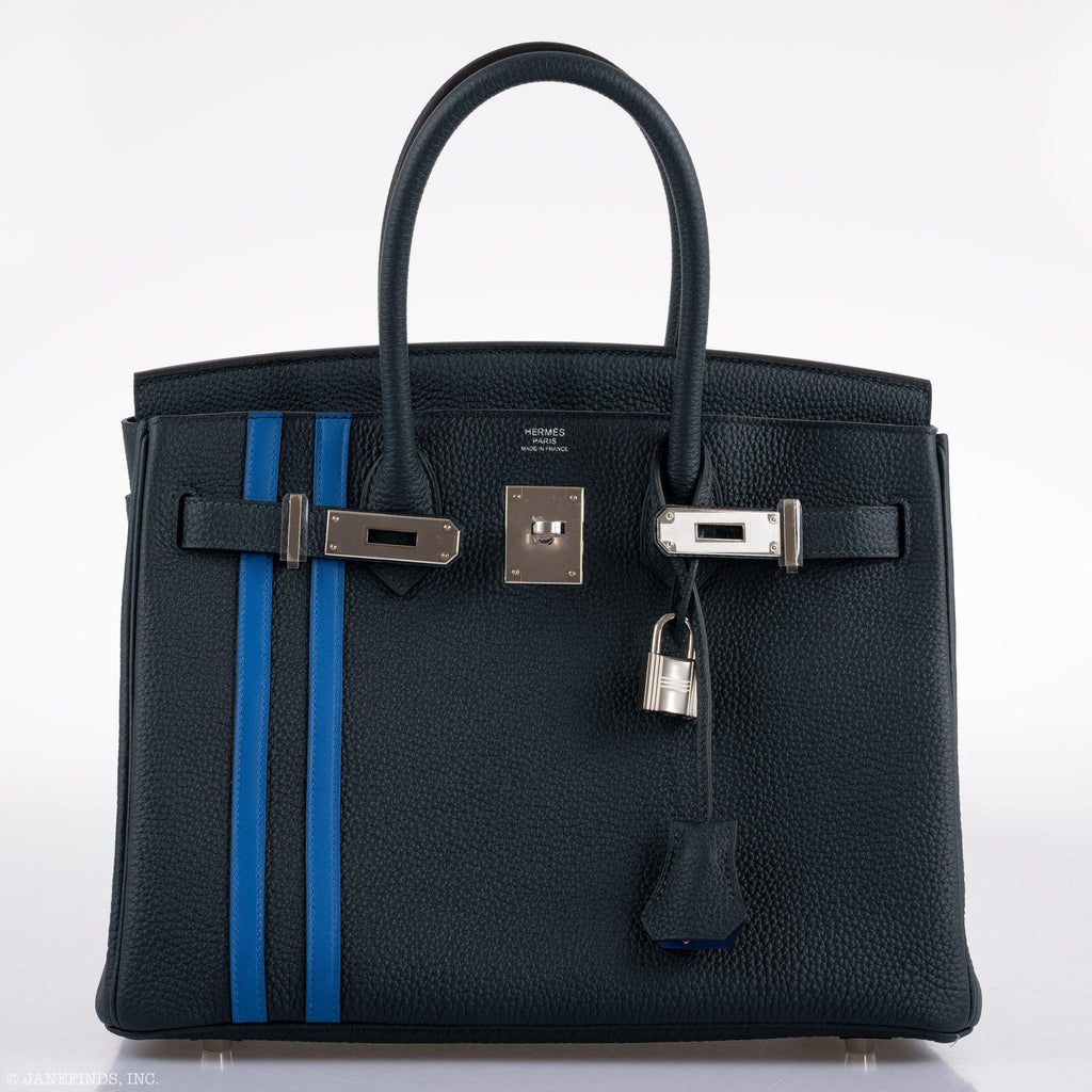 Hermes Birkin 30 Officier Vert Cyprès Togo & Bleu Zellige Stripe & Lining Palladium Hardware - 2018, C - interior detail