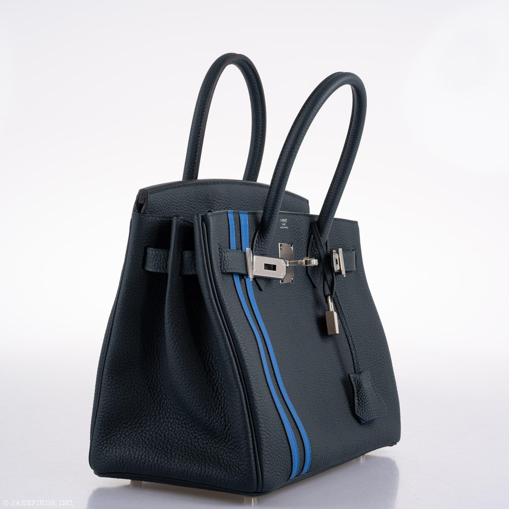 Hermes Birkin 30 Officier Vert Cyprès Togo & Bleu Zellige Stripe & Lining Palladium Hardware - 2018, C - interior detail