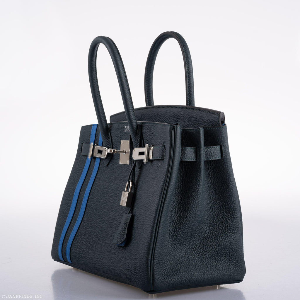 Hermes Birkin 30 Officier Vert Cyprès Togo & Bleu Zellige Stripe & Lining Palladium Hardware - 2018, C - interior detail